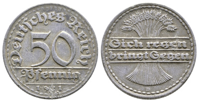 ГЕРМАНИЯ 50 ПФЕННИГОВ 1921 D KM 27, J. 301 алюминий 4380-841