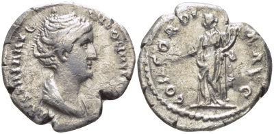 Римская Империя денарий 138 - 139 Фаустина Старшая, жена Антонина Пия CONCORDIA AVG Конкордия, персонификация Согласия, Рим Very fine RIC 329 серебро 1073-15-57