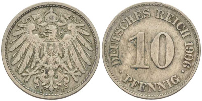 ГЕРМАНИЯ 10 ПФЕННИГОВ 1906 E KM 12, J. 13 медно-никель 34-933