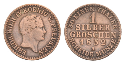 Пруссия 1 грош 1852 A, Фридрих Вильгельм IV (1840-1861) KM 435 серебро 4658-812
