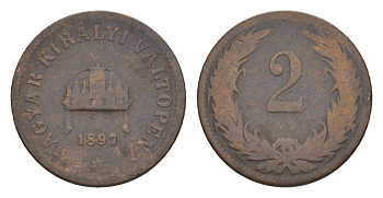 Венгрия 2 филлера 1897 KB, Франц Иосиф I (1848-1916) KM 481 бронза 4516-668