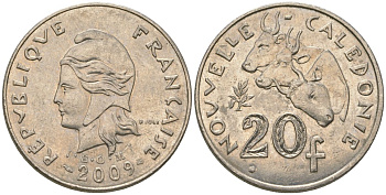 Французская Новая Каледония 20 франков 2009 три быка, (IEOM) KM 12a, Schoen 14a, Lec 115j медно-никель 82-1223