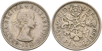 Великобритания 6 пенсов 1959 Елизавета II (1952-2022) KM 903, Spink 4149 медно-никель 4115-731