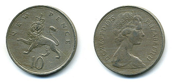 Великобритания 10 пенсов 1975 Елизавета II (1952-2022) KM 912, Spink 4231 (F1) медно-никель  4110-1413