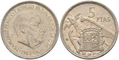 Испания 5 песет 1957 (72) Франсиско Франко (1939 - 1975) KM 786 медно-никель 4155-612