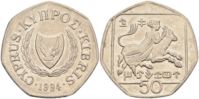 Кипр 50 центов 1994 похищение Европы KM 66 медно-никель    4595-946