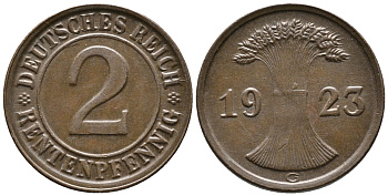 ГЕРМАНИЯ 2 РЕНТЕНПФЕННИГА 1923 G KM 31, J. 307 бронза 24-436