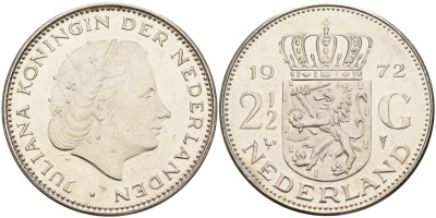 Нидерланды 2 1/2 гульдена 1972 Юлиана (1948-1980) KM 191 никель 4593-634