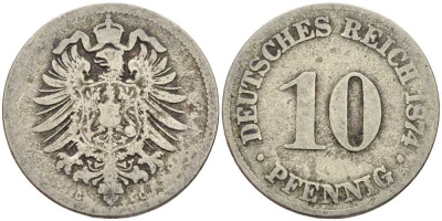 ГЕРМАНИЯ 10 ПФЕННИГОВ 1874 C, СТАРОГЕРБОВКА KM 4, J. 4 медно-никель 4401-236
