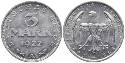 Германия 3 марки 1922 A, третья годовщина Веймарской Конституции KM 29, J. 303 алюминий 38-244