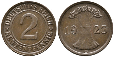 ГЕРМАНИЯ 2 РЕНТЕНПФЕННИГА 1923 G KM 31, J. 307 бронза 24-436
