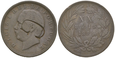 Португалия 20 реалов 1884 Луиш I (1861-1889) KM 527 бронза 4512-914