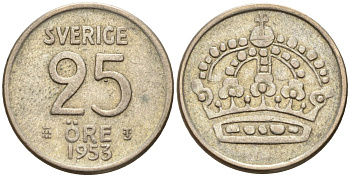 Швеция 25 эре 1953 TS, Густав VI Адольф (1950-1973) KM 824 серебро 4147-1035