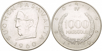 Финляндия 1000 марок 1960 S-J, 100 лет марочной системе Снеллмана (1860-1960) KM 43 серебро 650-245