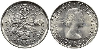 Великобритания 6 пенсов 1967 Елизавета II (1952-2022) KM 903, Spink 4149 медно-никель 4387-866