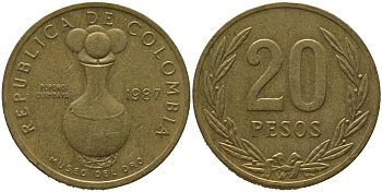 Колумбия 20 песо 1987 KM 271 алюминиевая бронза 4529-931