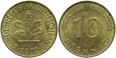 ФРГ 10 ПФЕННИГОВ 1972 G KM 108, J.383 сталь плакированная латунью 98-446