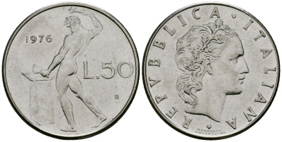 Италия 50 лир 1976 R, бог огня Вулкан у наковальни KM 95.1 нержавеющая сталь 4138-613