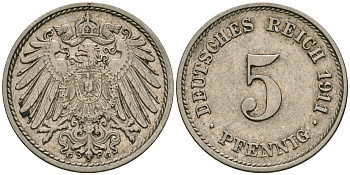 Германия 5 пфеннигов 1911 G KM 11, Jager 12, Weege 6 медно-никель 08-1454