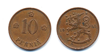 Финляндия 10 пенни 1935 республика (1918-1962) KM 24 медь 51-5435