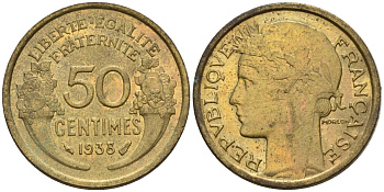 Франция 50 сантимов 1938 KM 894.1, Le Franc 192.15 алюминиевая бронза 4596-812