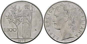 Италия 100 лир 1976 R, Афина у оливкого дерева KM 96.1 нержавеющая сталь 4137-231