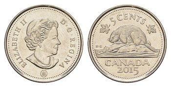 Канада 5 центов 2015 Leaf, Елизавета II (1952-2022), бобр KM 491 сталь плакированная никелем UNC 4630-812