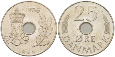 ДАНИЯ 25 ЭРЕ 1988 R; B, МАРГРЕТЕ II (1972-) KM 861.3 медно-никель 94-1033