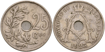 Бельгия 25 сантимов 1923 KM 68 медно-никель 4165-416