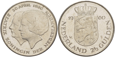 Нидерланды 2 1/2 гульдена 1980 коронация Беатрикс, 30 апреля 1980 KM 201 никель 38-125