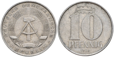 ГДР 10 пфеннигов 1968 A KM 10 алюминий 55-811