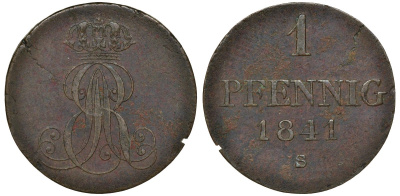Ганновер 1 пфенниг 1841 S, Эрнст Август (1837-1851) KM 173.3, AKS 128, J. 54 медь 72-1159