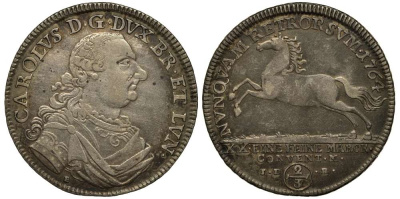 Брауншвейг-Вольфенбюттель 2/3 талера 1764 Е/ I.D.B., Карл I (1735-1780) KM 973.1, Welter 2733 серебро 00-000-00