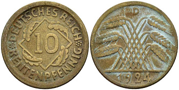 ГЕРМАНИЯ 10 РЕНТЕНПФЕННИГОВ 1924 D KM 33, J. 309 алюминиевая бронза 4401-412