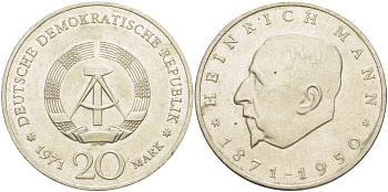 ГДР 20 марок 1971 А, 100 лет со дня рождения Генриха Манна (1871-1950) KM 33, J. 1531 медно-никель 4521-623