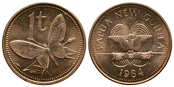 Папуа-Новая Гвинея 1 тойя 1984 бабочка KM 1 бронза UNC 261-523