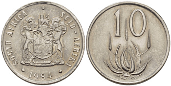 ЮАР 10 центов 1984 герб, цветок алоэ KM 85 никель UNC 67-425