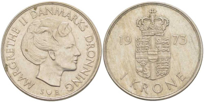 ДАНИЯ 1 КРОНА 1973 S; B, МАРГРЕТЕ II (1972-) KM 862.1 медно-никель 117-452