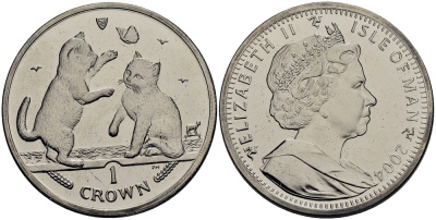 Остров Мэн 1 крона 2004 котята с бабочкой КМ 1246.2 медно-никель UNC M82-05