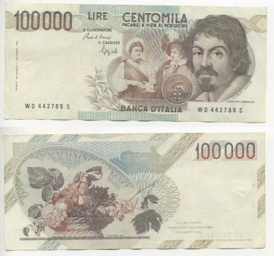 Италия 100000 лир 1983 Караваджо, фруктовый букет, подпись Speziali Pick 110b бумага 7220-21-1