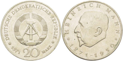 ГДР 20 марок 1971 А, 100 лет со дня рождения Генриха Манна (1871-1950) KM 33, J. 1531 медно-никель 4521-623