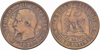 ФРАНЦИЯ 10 САНТИМОВ 1855 B, НАПОЛЕОН III (1852-1870) KM 771.2, LE FRANC 133.21 бронза 38-1122