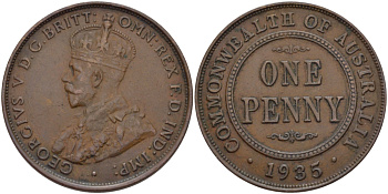АВСТРАЛИЯ 1 ПЕННИ 1935 ГЕОРГ V KM 23 бронза 82-735