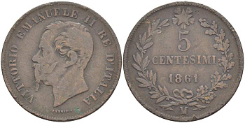 ИТАЛИЯ 5 ЧЕНТЕЗИМО 1861 М, МОНДВОР МИЛАН, ВИКТОР ЭММАНУИЛ II (1861-1878) KM 3.2 медь 4182-1257