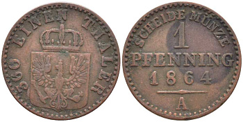 ПРУССИЯ 1 ПФЕННИГ 1864 А, ВИЛЬГЕЛЬМ I (1861-1888) KM 480 медь 201-539