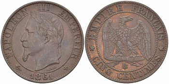 ФРАНЦИЯ 5 САНТИМОВ 1861 BB, НАПОЛЕОН III (1852-1870) KM 797.2, LE FRANC 117.3 бронза XF 108-453
