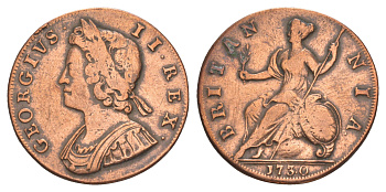 Великобритания 1/2 пенни 1730 Георг II (1727-1760) KM 566, Spink 3717 медь 3711-635