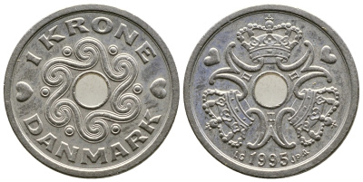 Дания 1 крона 1995 LG; JP; A, Маргрете II (1972- ) KM 873.1 медно-никель 4175-222