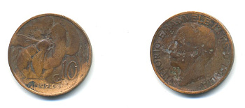 ИТАЛИЯ 10 ЧЕНТЕЗИМО 1924 R, ВИКТОР ИМАНУИЛ, ПЧЕЛА KM 60 медь 80-1212