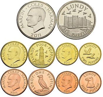 Остров Ланди лот из 5 монет 2011 1/2, 1, 2, 4, 6 паффинов, птицы UNC N3-27